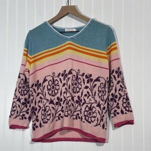 Relais Vintage Wool Blend Sweater Women’s M Made in USA Floral Stripe Whimsigoth